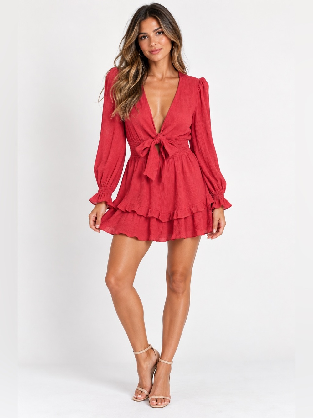 Hello Molly Scarlet Keyhole Tie-Front Long Sleeve Ruffled Mini Dress Size 6